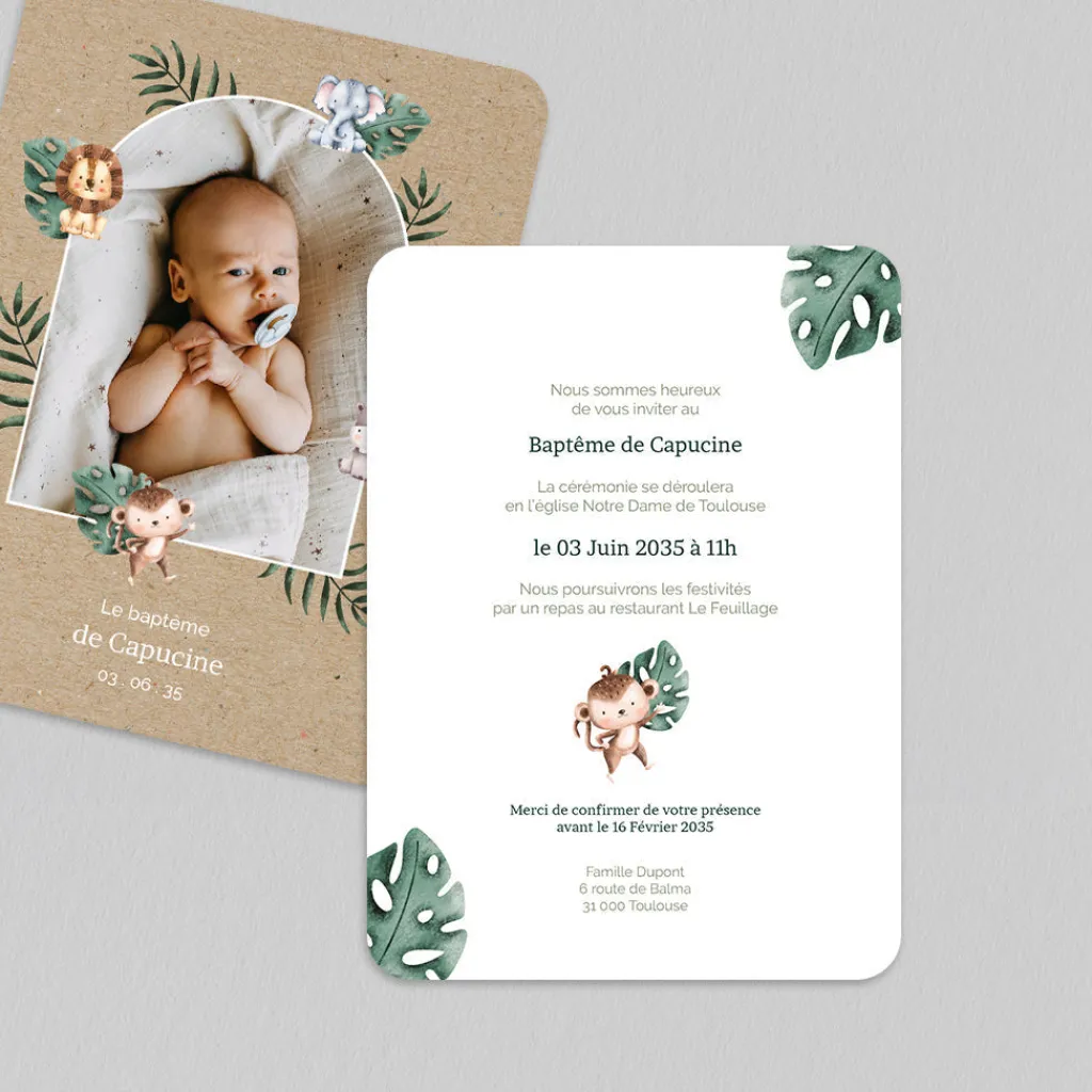 Faire-part Baptême Civil^Planet cards Arche et Animaux de la Jungle