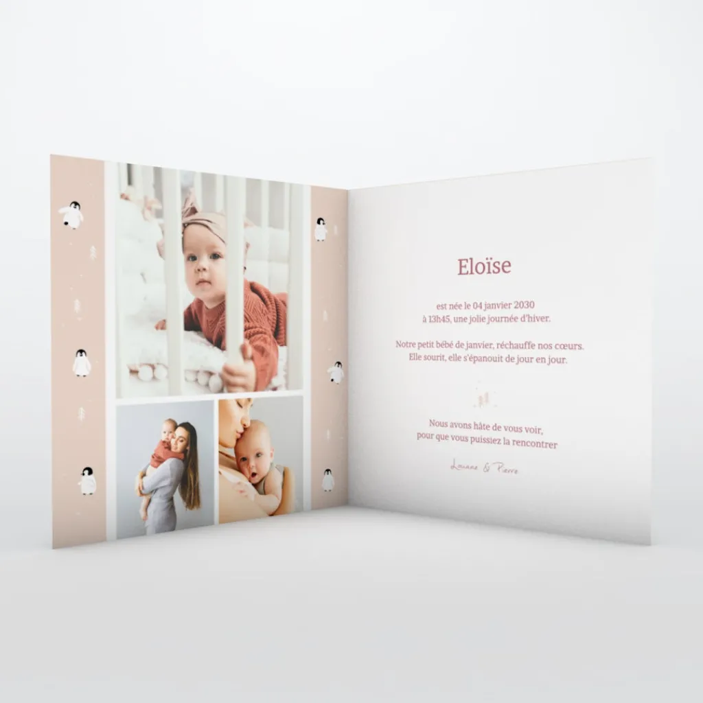 Faire-part Naissance Animaux^Planet cards Arctique Pingouin et photo vintage