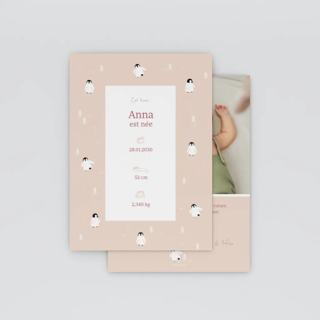 Faire-part Naissance Animaux^Planet cards Arctique Pingouin et photo vintage