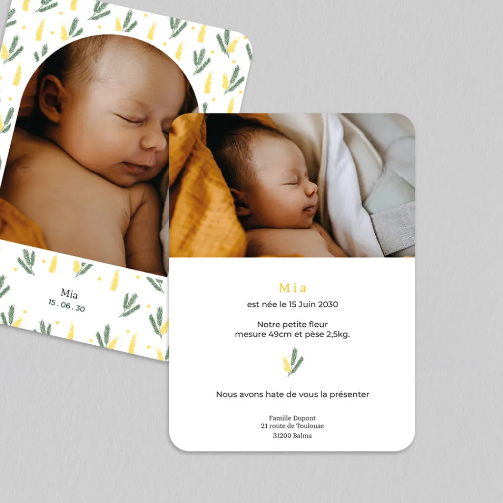 Faire-part Naissance Fille^Planet cards Branches de Mimosa