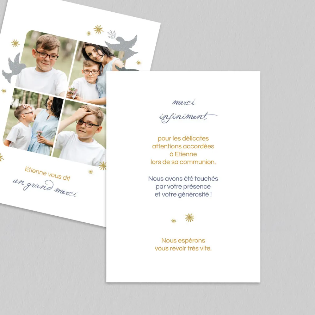 Carte Remerciement Communion^Planet cards Branches et Colombes Garçon