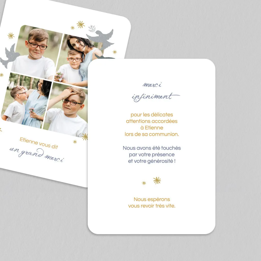 Carte Remerciement Communion^Planet cards Branches et Colombes Garçon