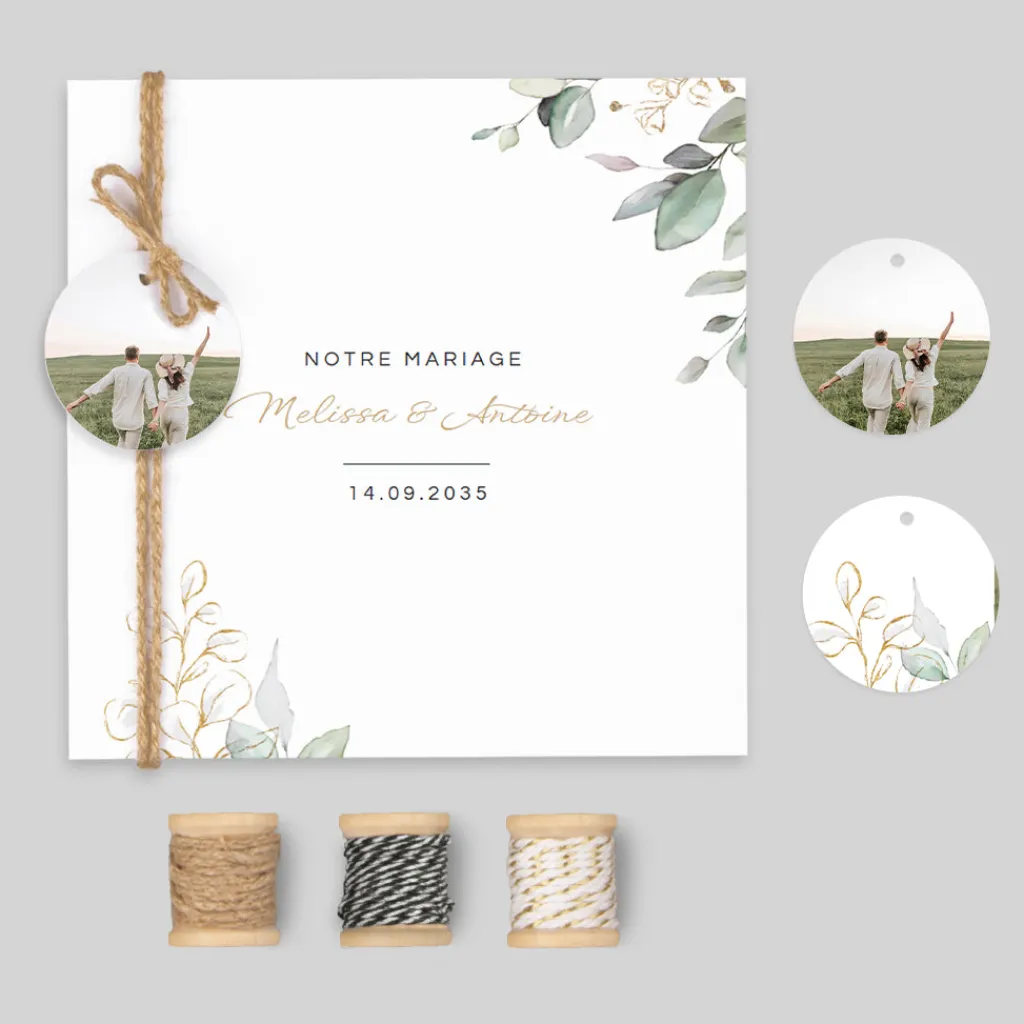 Faire-part Mariage Champêtre^Planet cards Brins d'eucalyptus
