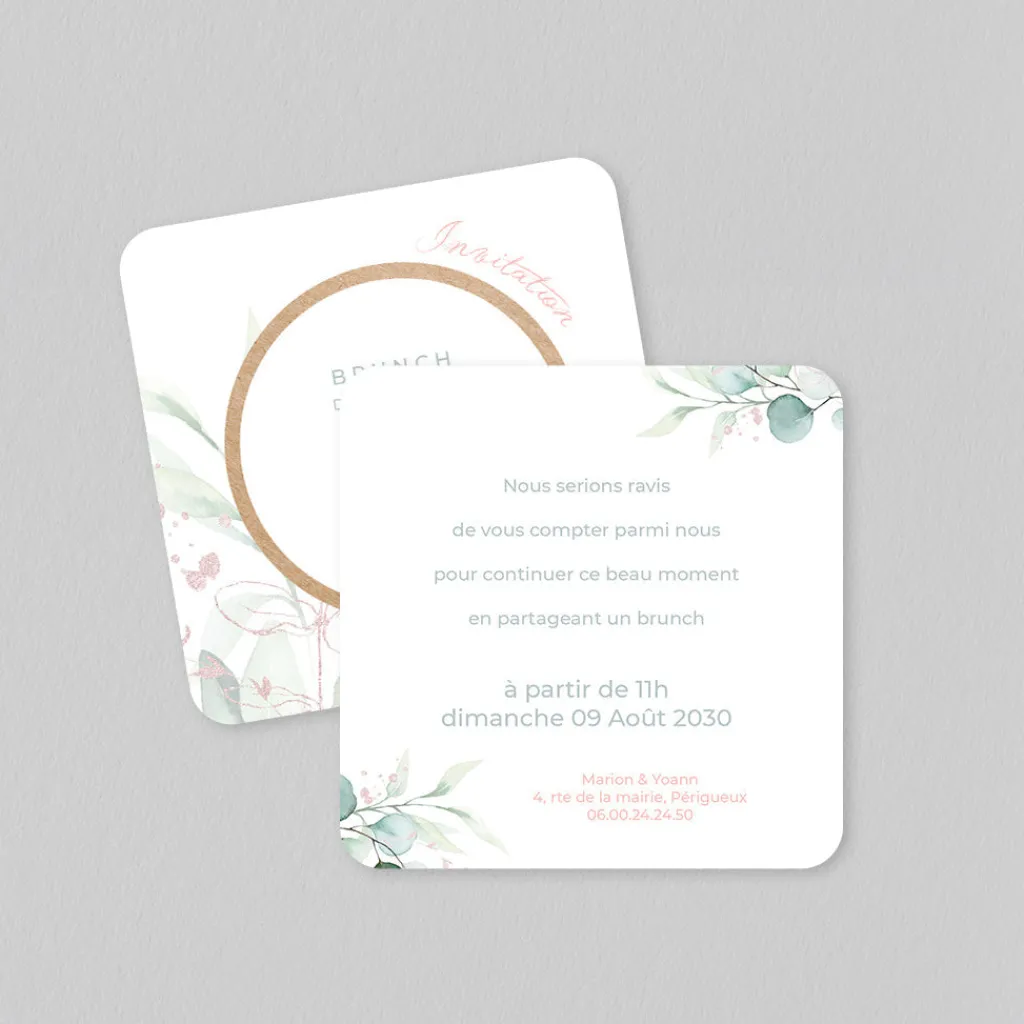 Carte D'invitation Mariage^Planet cards Cercle Bois et Eucalyptus Rose