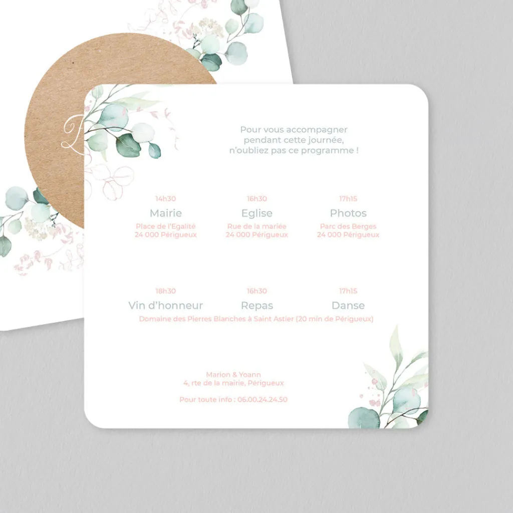 Programme De Mariage^Planet cards Cercle Bois et Eucalyptus Rose