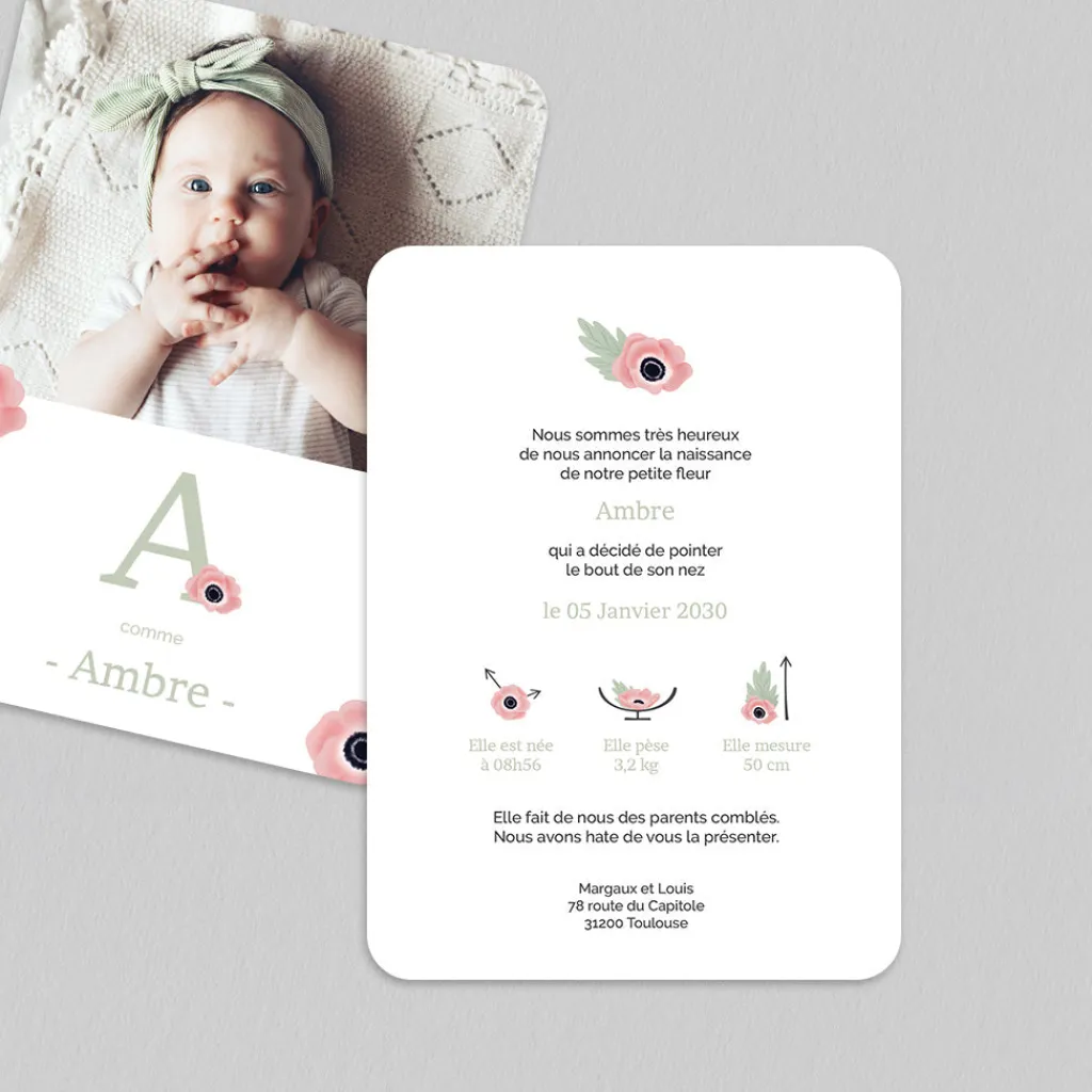 Faire-part Naissance Fille^Planet cards Couronne d'Anémones