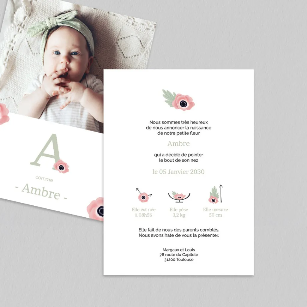 Faire-part Naissance Fille^Planet cards Couronne d'Anémones