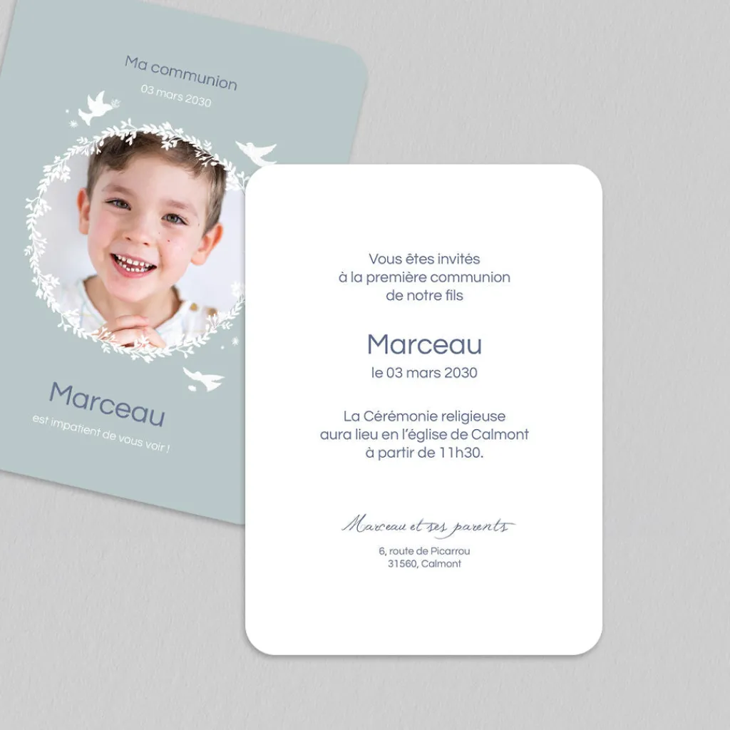 Faire-part Communion^Planet cards Couronne de Colombes Garçon