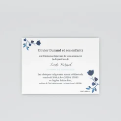 Faire-part Décès^Planet cards Couronne de fleurs bleutée