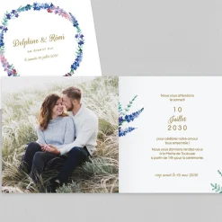 Faire-part Mariage Champêtre^Planet cards Couronne Delphinium