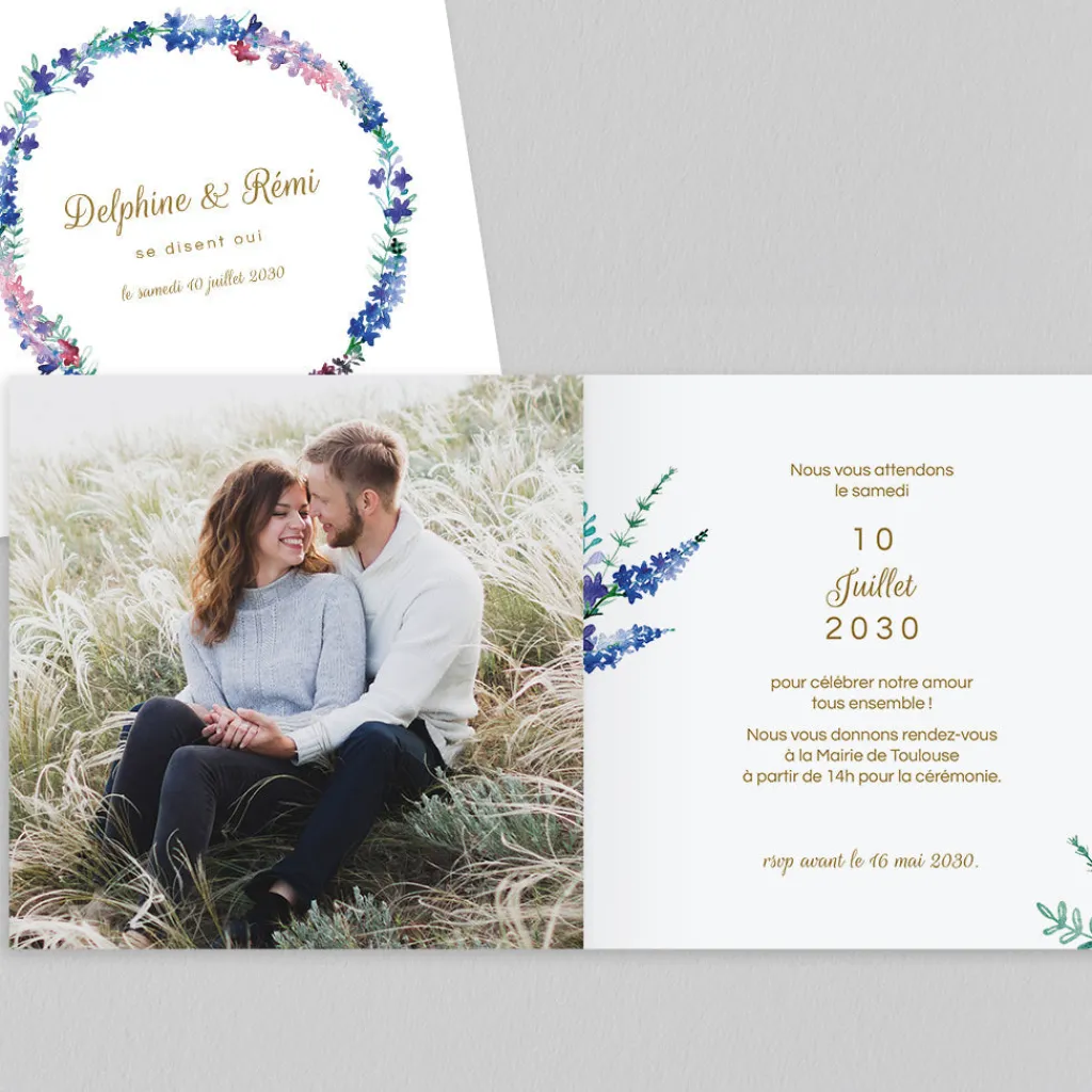 Faire-part Mariage Champêtre^Planet cards Couronne Delphinium