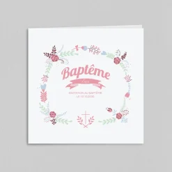Faire-part Baptême Fille^Planet cards Couronne en fleurs