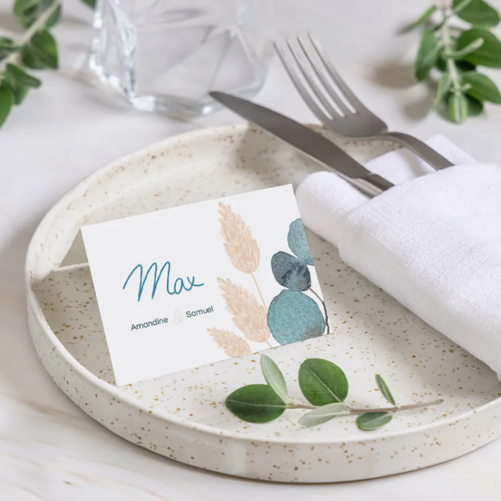 Marque-place Mariage^Planet cards Couronne Eucalyptus et Fleurs Séchées