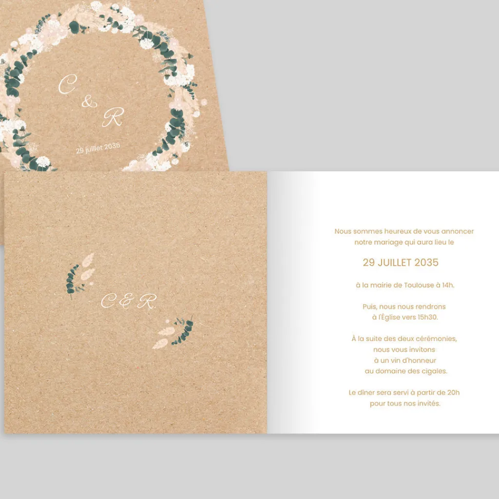 Faire-part Mariage Bohème | Faire-part Mariage Champêtre^Planet cards Couronne Eucalyptus et Hortensia