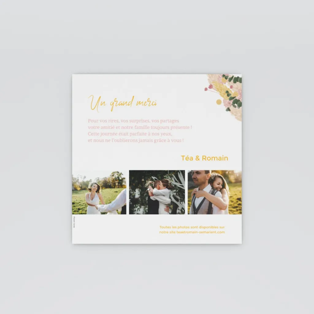 Carte Remerciement Mariage Champêtre^Planet cards Couronne Jaune Rose