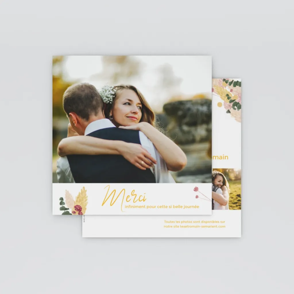 Carte Remerciement Mariage Champêtre^Planet cards Couronne Jaune Rose