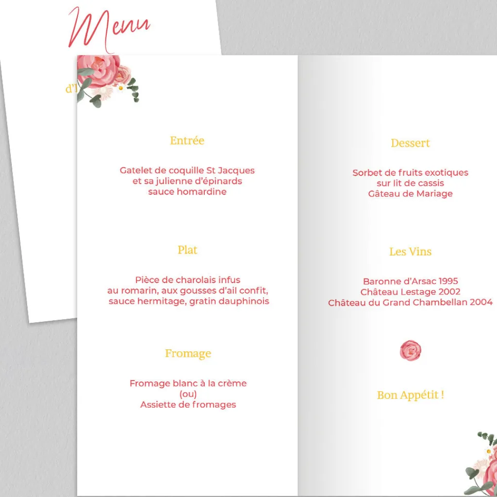 Menu De Mariage^Planet cards Couronne Roses