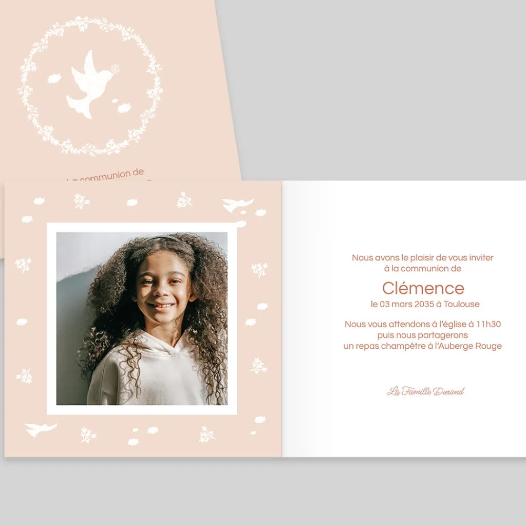 Faire-part Communion^Planet cards Couronne Végétale et Douces Colombes Fille