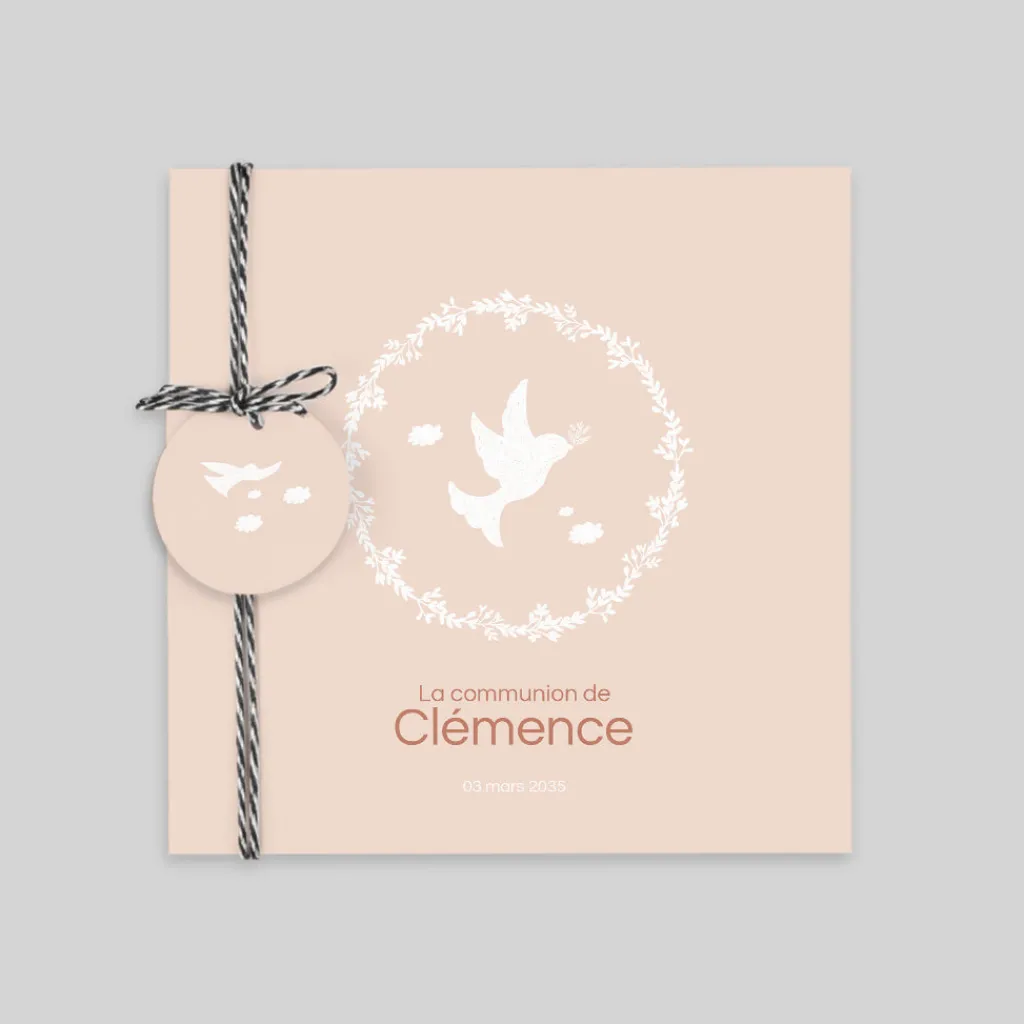 Faire-part Communion^Planet cards Couronne Végétale et Douces Colombes Fille