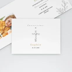 Faire-part Communion^Planet cards Croix en feuilles