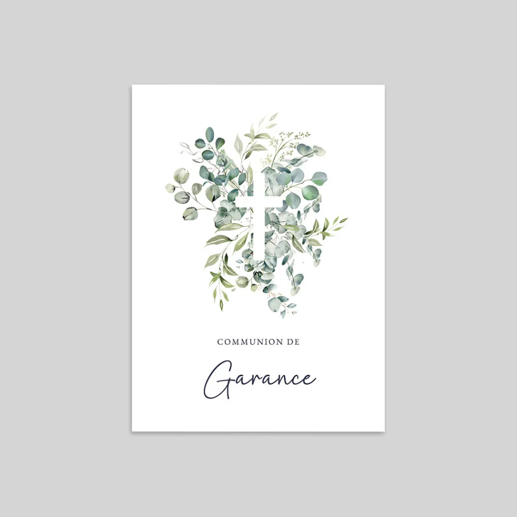 Faire-part Communion^Planet cards Croix et Bouquet d'Eucalyptus