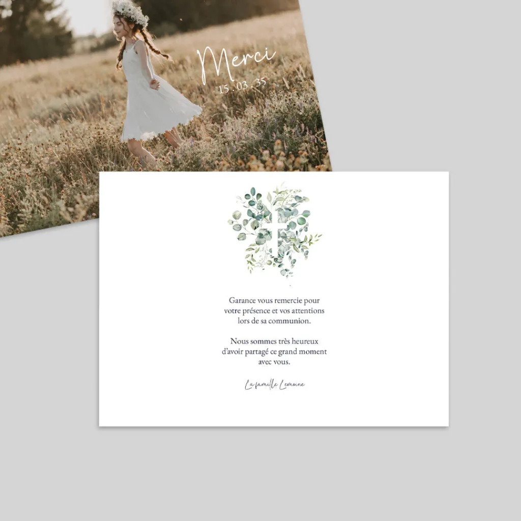 Carte Remerciement Communion^Planet cards Croix et Bouquet d'Eucalyptus