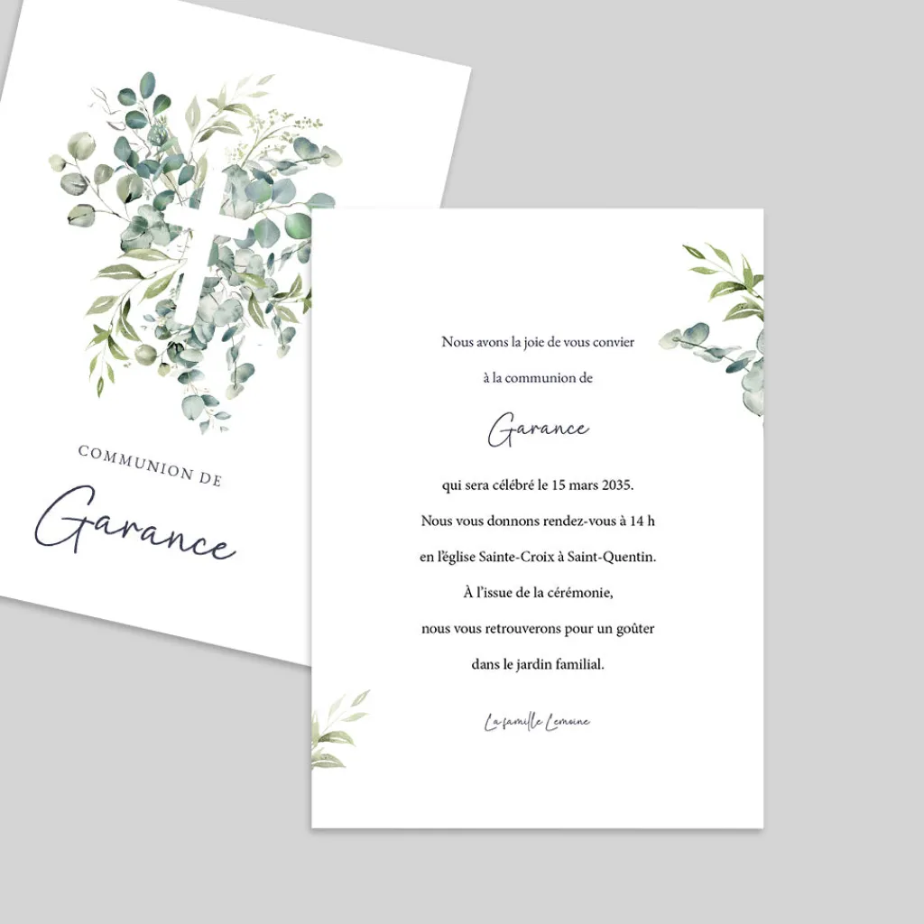 Faire-part Communion^Planet cards Croix et Bouquet d'Eucalyptus