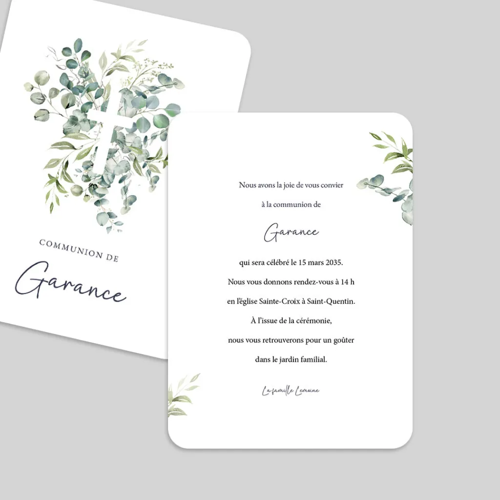 Faire-part Communion^Planet cards Croix et Bouquet d'Eucalyptus