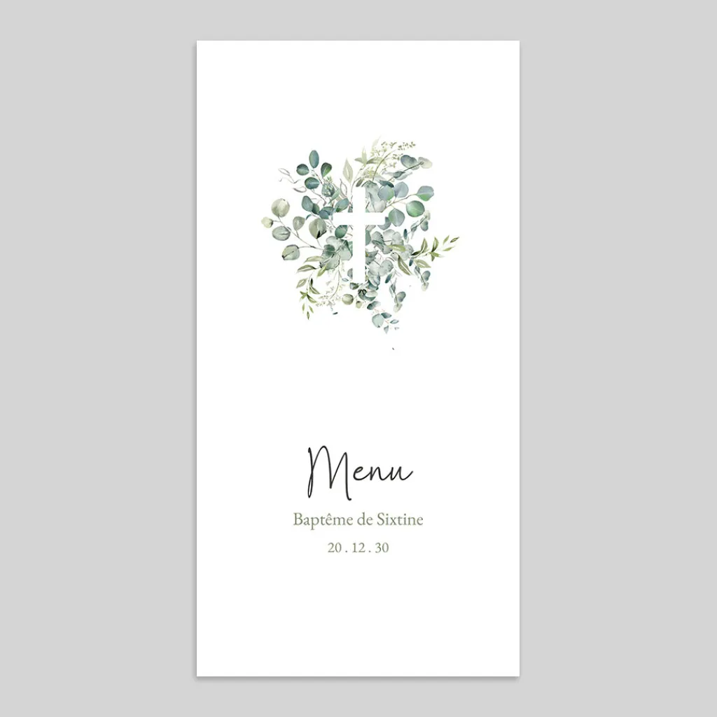 Menu Baptême^Planet cards Croix Eucalyptus