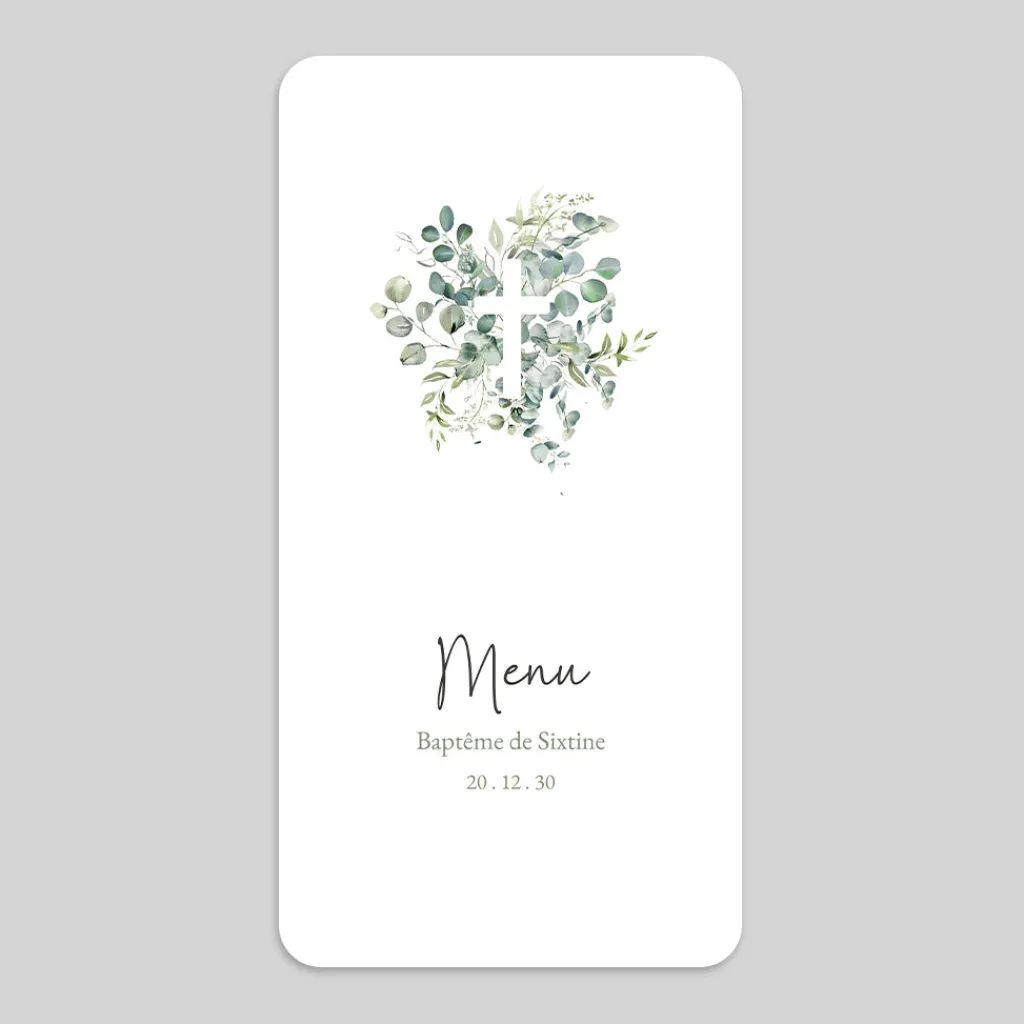 Menu Baptême^Planet cards Croix Eucalyptus