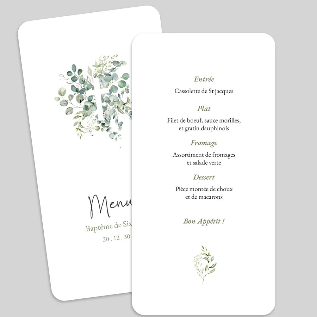 Menu Baptême^Planet cards Croix Eucalyptus