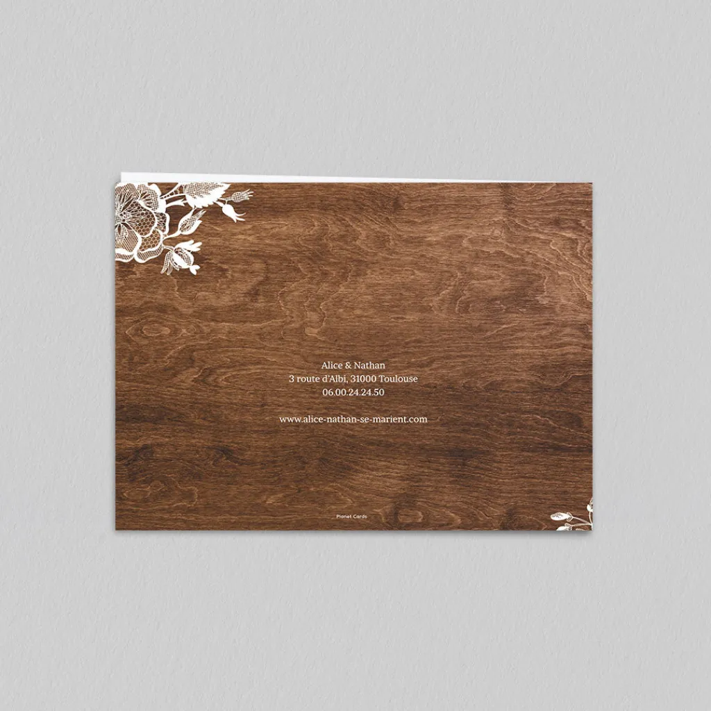 Faire-part Mariage Champêtre^Planet cards Dentelle et bois