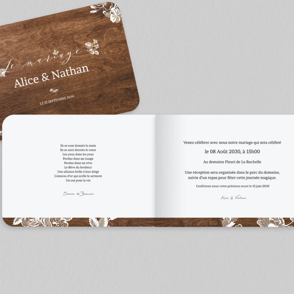 Faire-part Mariage Champêtre^Planet cards Dentelle et bois