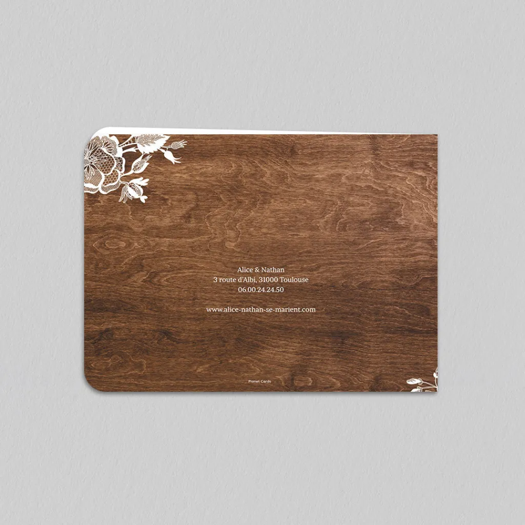 Faire-part Mariage Champêtre^Planet cards Dentelle et bois