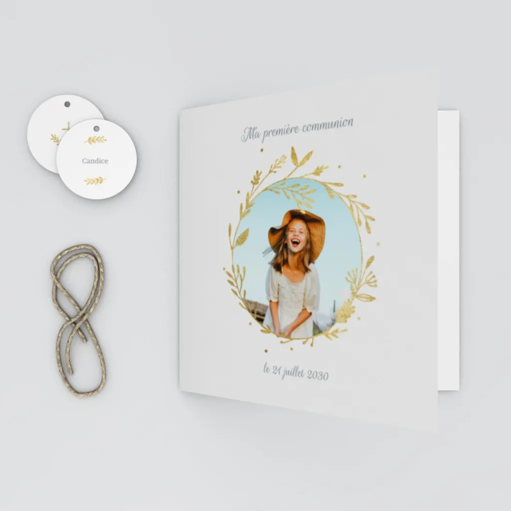Faire-part Communion^Planet cards Douce Couronne Dorée