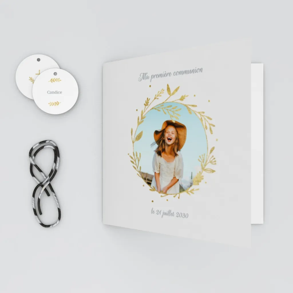 Faire-part Communion^Planet cards Douce Couronne Dorée