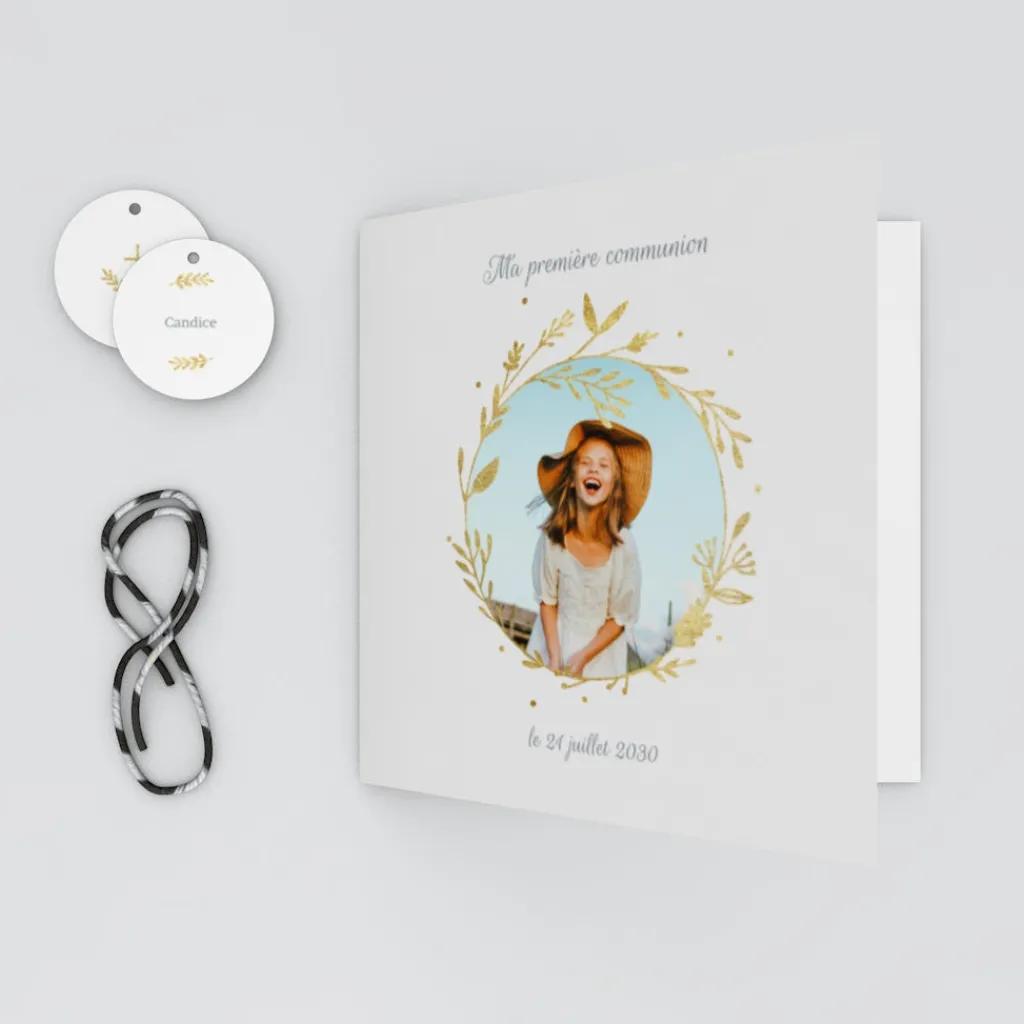 Faire-part Communion^Planet cards Douce Couronne Dorée