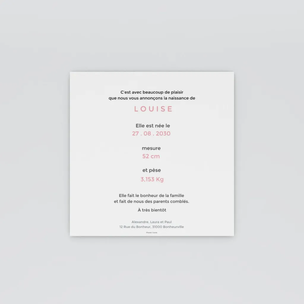Faire-part Naissance Fille^Planet cards Doux petit coeur