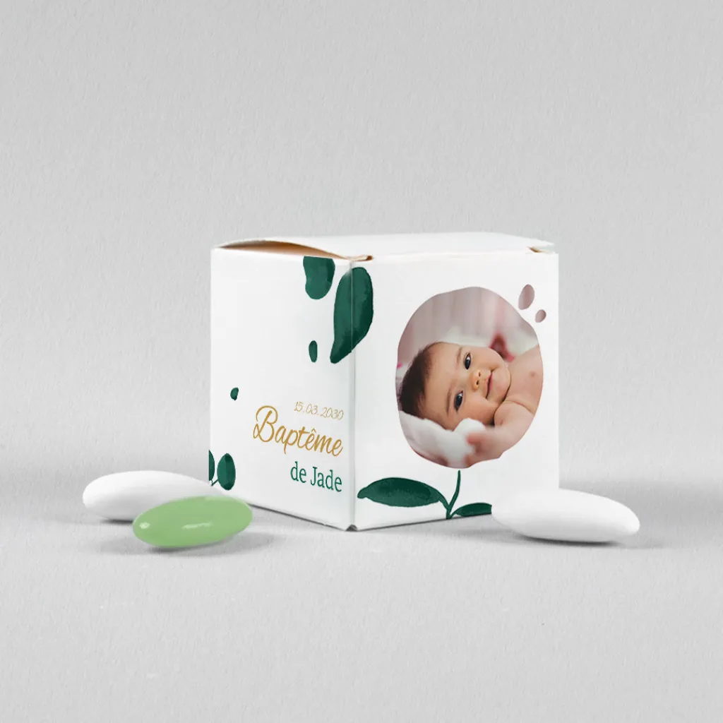Boîte À Dragées Baptême^Planet cards Eucalyptus et Croix Or