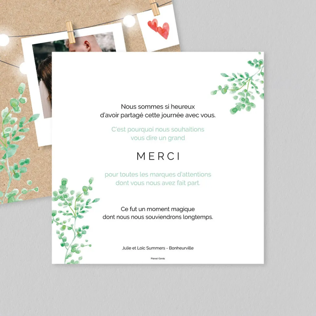 Carte Remerciement Mariage Champêtre^Planet cards Eucalyptus sur Kraft