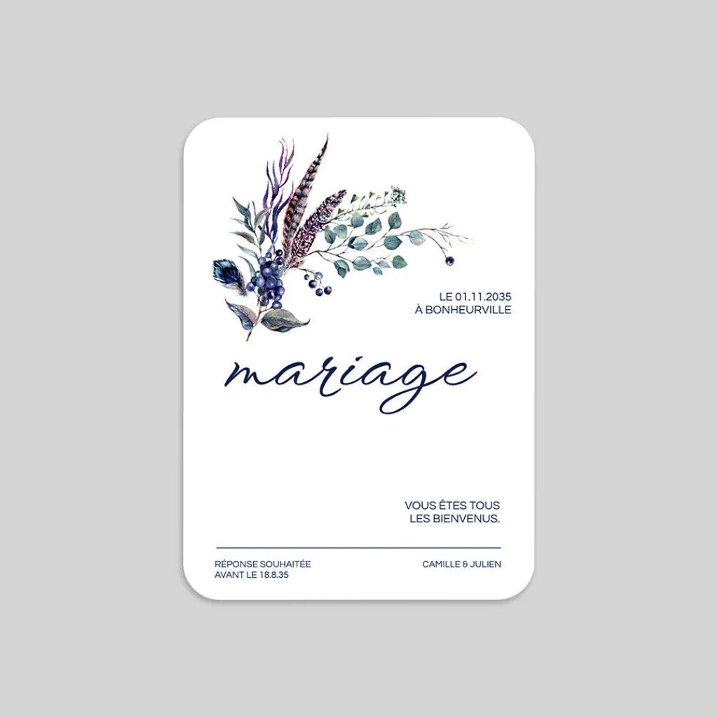 Faire-part Mariage Champêtre | Gamme Complète^Planet cards Feuilles et plumes
