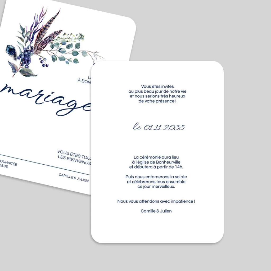 Faire-part Mariage Champêtre | Gamme Complète^Planet cards Feuilles et plumes