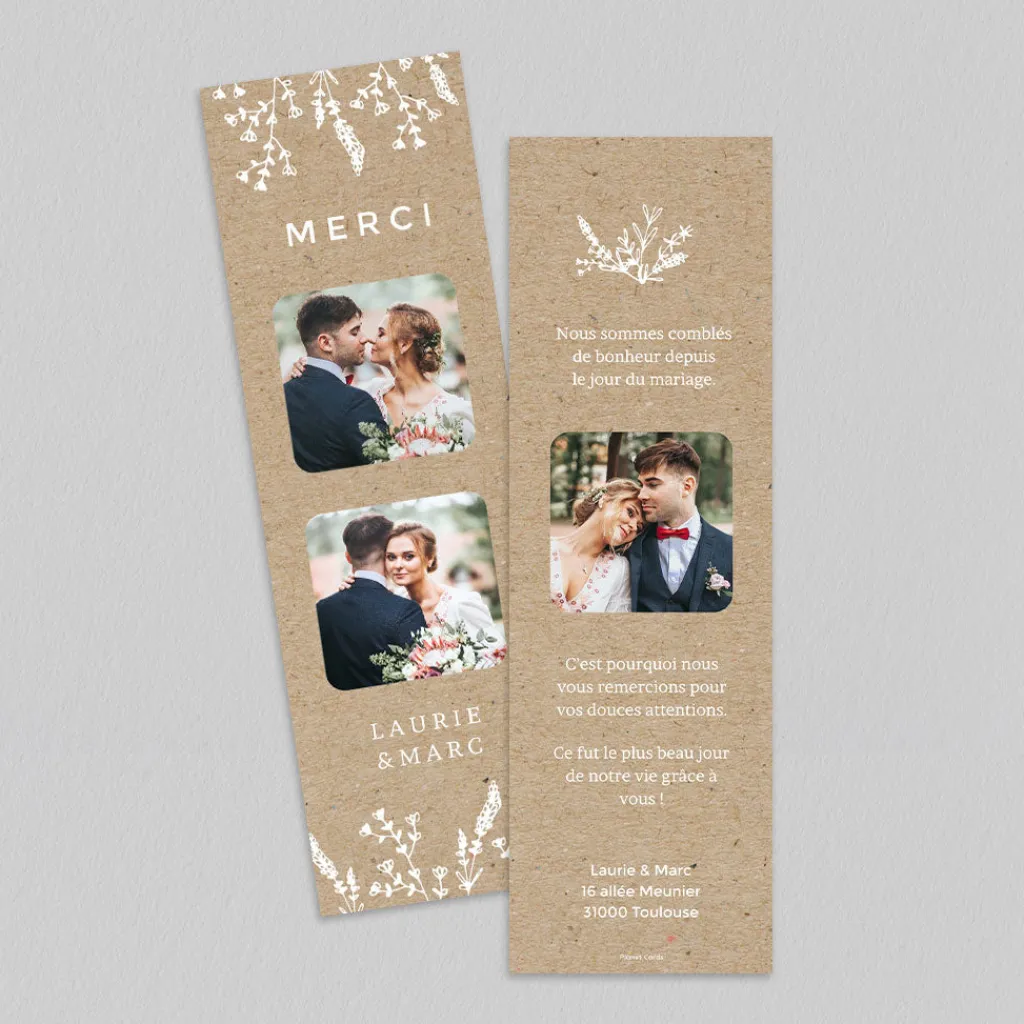 Carte Remerciement Mariage Champêtre | Carte Remerciement Mariage Marque-page^Planet cards Feuilles sur Kraft