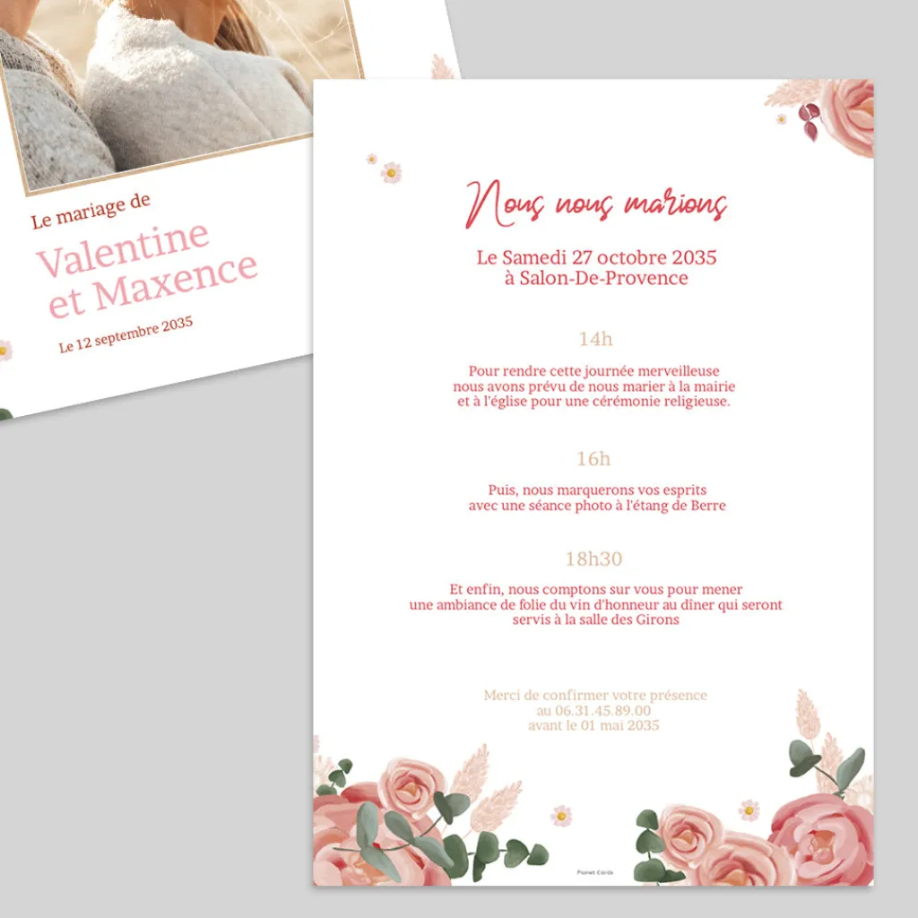 Faire-part Mariage Bohème | Faire-part Mariage Champêtre^Planet cards Fleurs Séchées Marguerites et Roses