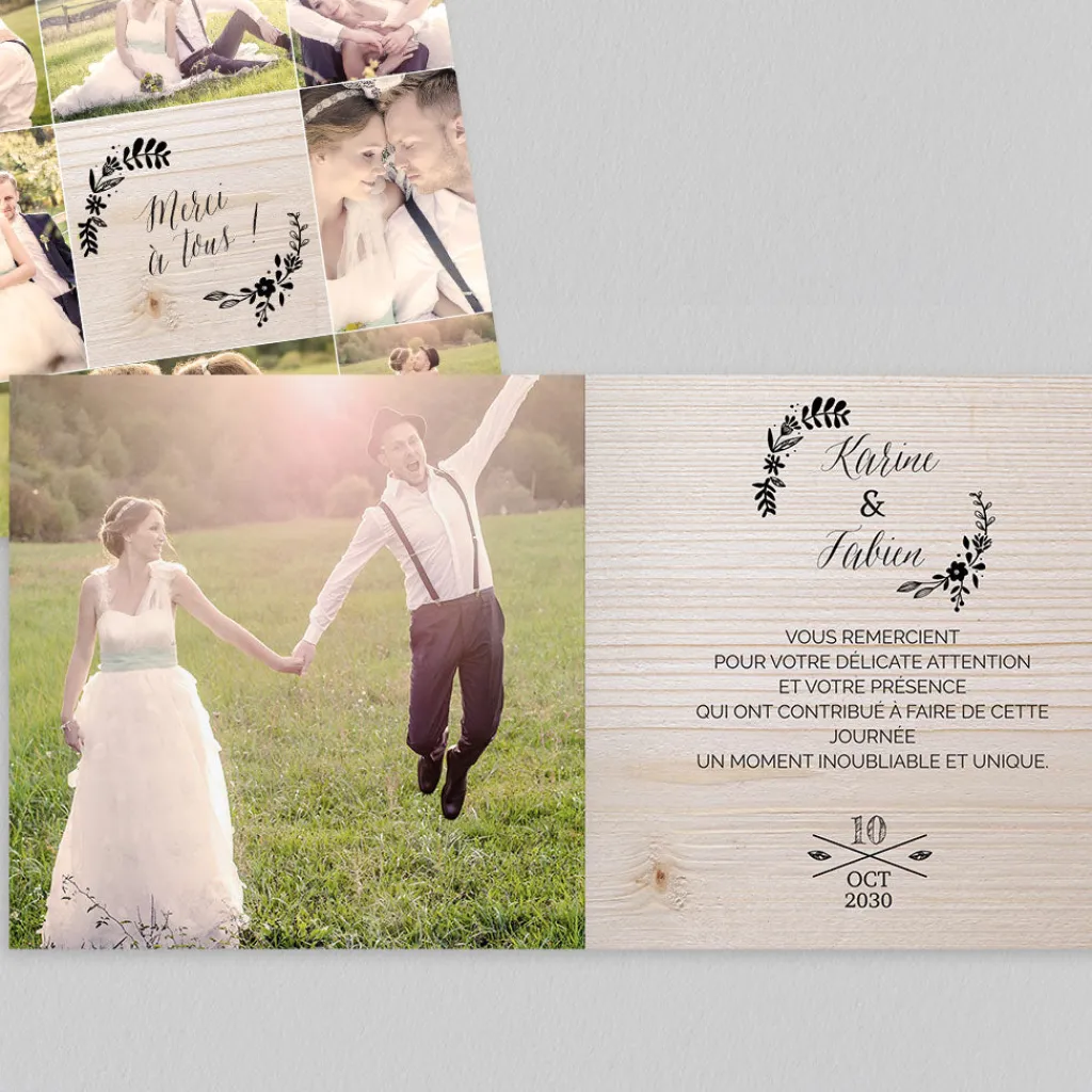 Carte Remerciement Mariage Champêtre^Planet cards Floral sur bois tendre