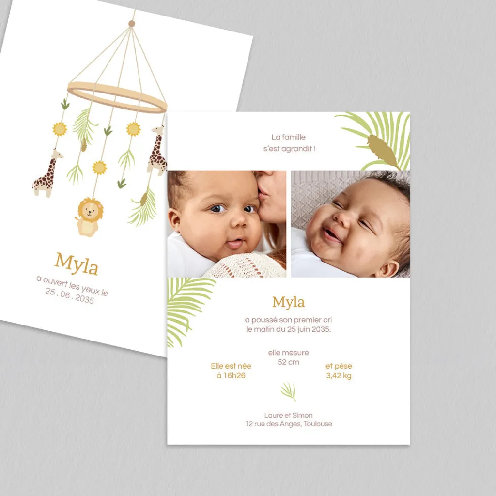 Faire-part Naissance Animaux | Faire-part Naissance Fille^Planet cards Joli Mobile Savane