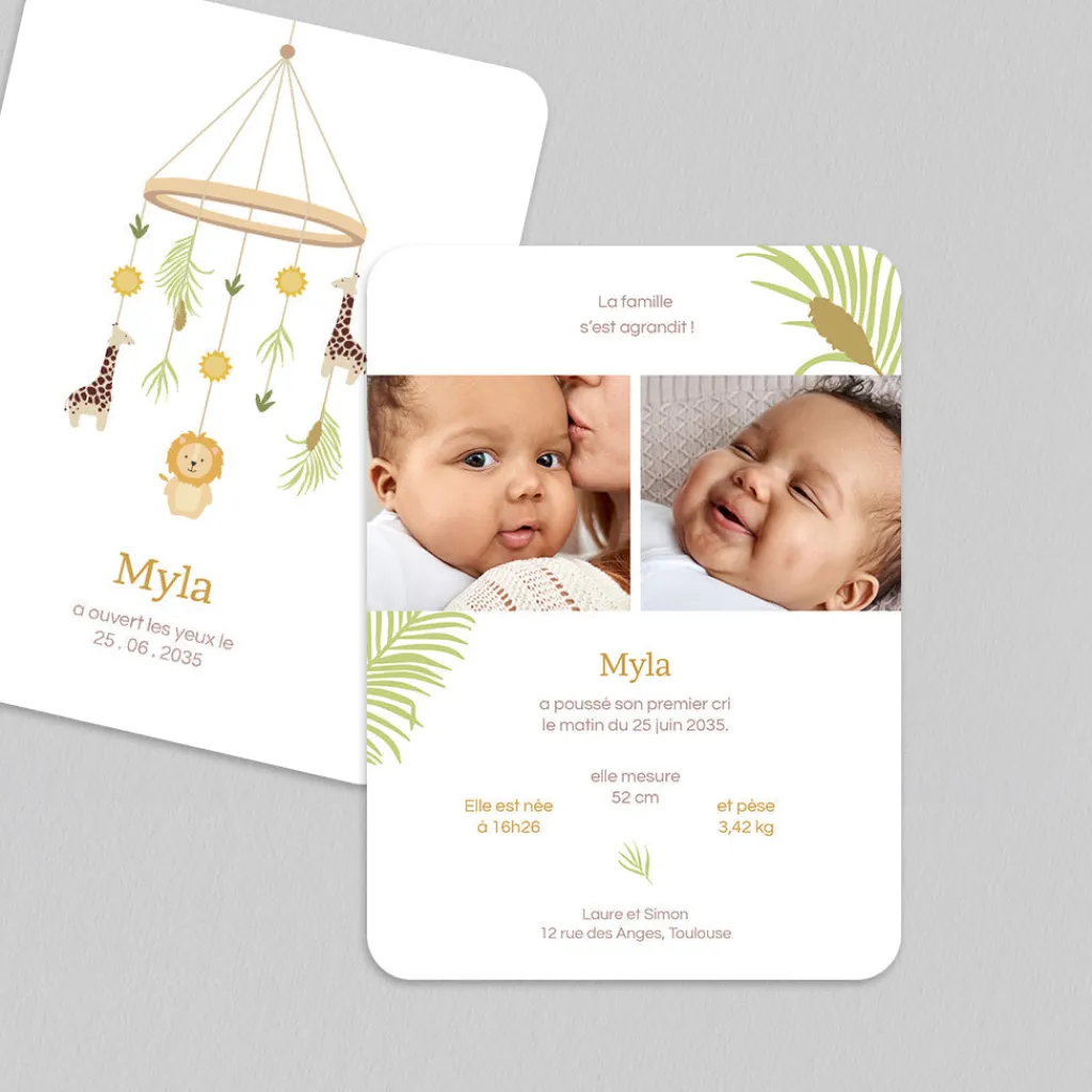 Faire-part Naissance Animaux | Faire-part Naissance Fille^Planet cards Joli Mobile Savane