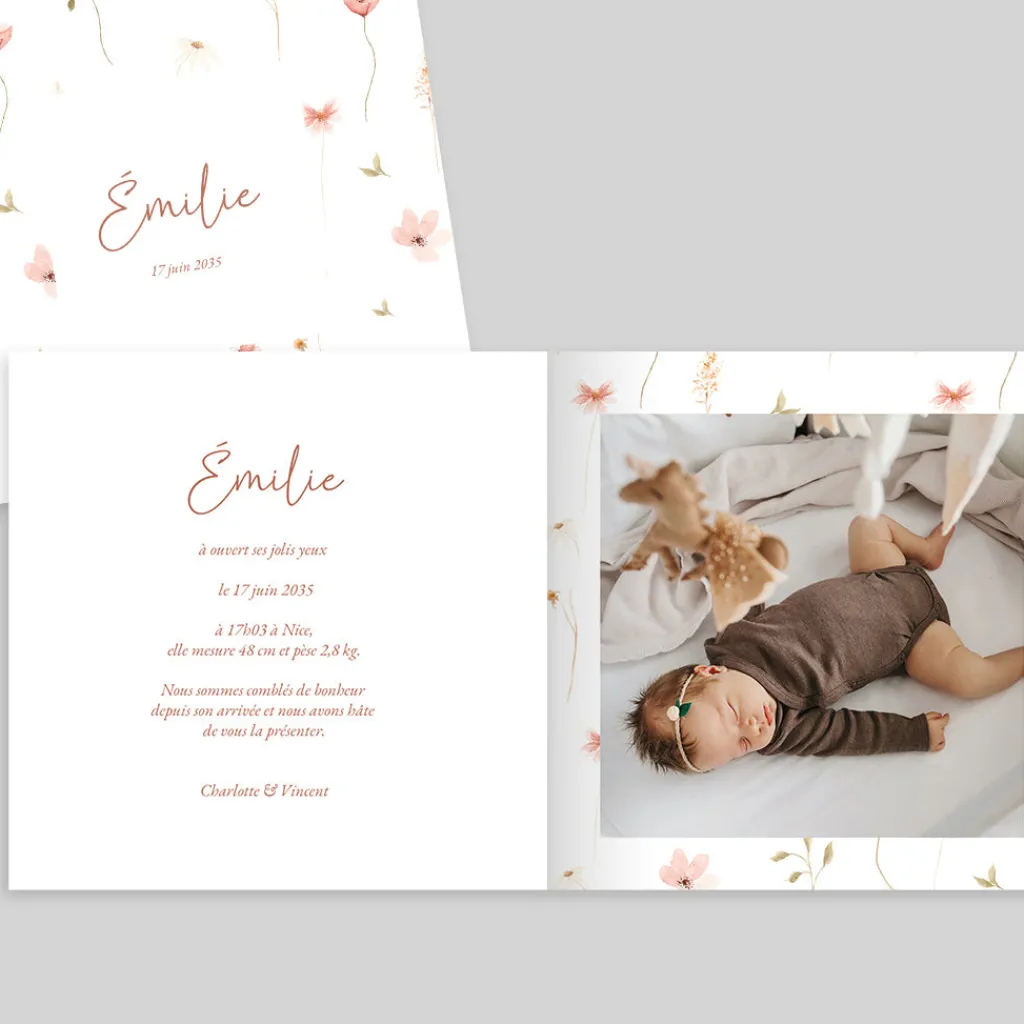Faire-part Naissance Fille^Planet cards Jolies fleurs champêtres