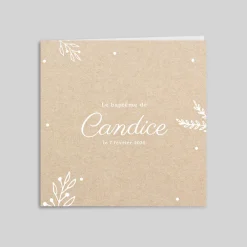 Faire-part Baptême Fille^Planet cards Kraft et feuillage blanc