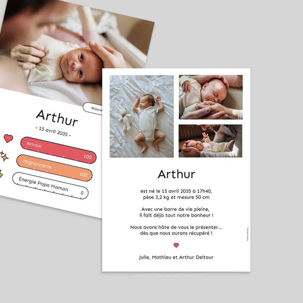 Faire-part Naissance Original | Faire-part Naissance Fille^Planet cards Les stats de bébé